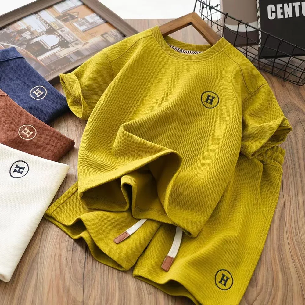 Conyson Baby Girl Waffle Clothes Set Solid O Neck T-shirt and Shorts Suit Children Boy Fashion Top Bottom 2pcs Outfits Tracksuit