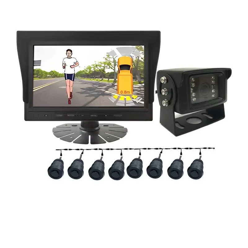 7inch 24V Ultrasonic Digital Parking Sensor System with Reverse Camera Truck Van Front&Rear 8PCS Sensor Detect Blind Spot Alarm