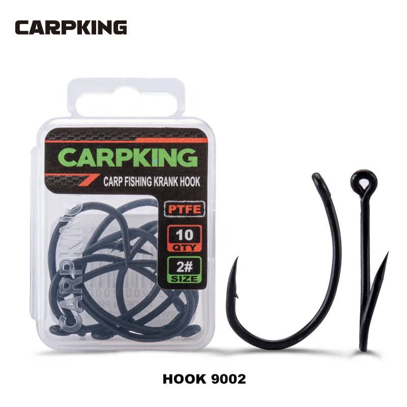 spot sale CK9002 CARPKING PTFE Coating Hooks High Carbon Stainless Steel 10pcs Barbed Carp Fishing Curve Shank Fishing Hook