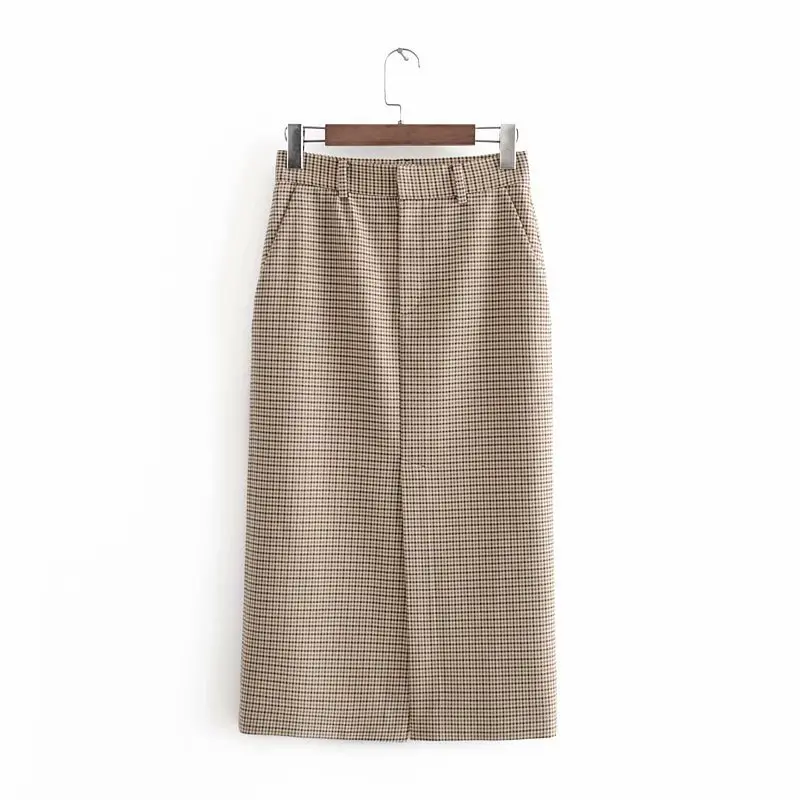 qz260 spring women elegant checked houndstooth pattern front split pencil skirt office lady knee length skirts saias jupe
