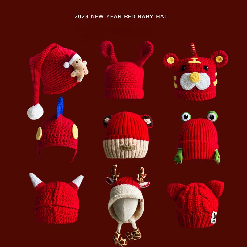 Santa Hat Knitted Christmas Hats Elk Horn Winter Crochet Xmas Hat for Kids