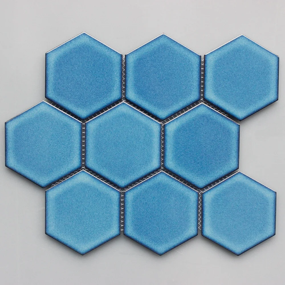Hexagon sharp blue color matte finished porcelain mosaic tile for kitchen