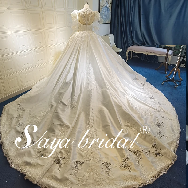 Bride Ball Gown Long Sleeves Muslim Islamic Style New Design Puffy Long Sleeve Casual Bridal Skirt with Detachable Train Ppearl