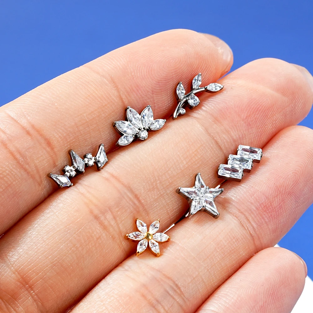 Toposh ASTM F136 G23 Push Pin Threadless Titanium Jewelry Prong Setting Zirconia Women Accessories Cartilage Earring Piercing