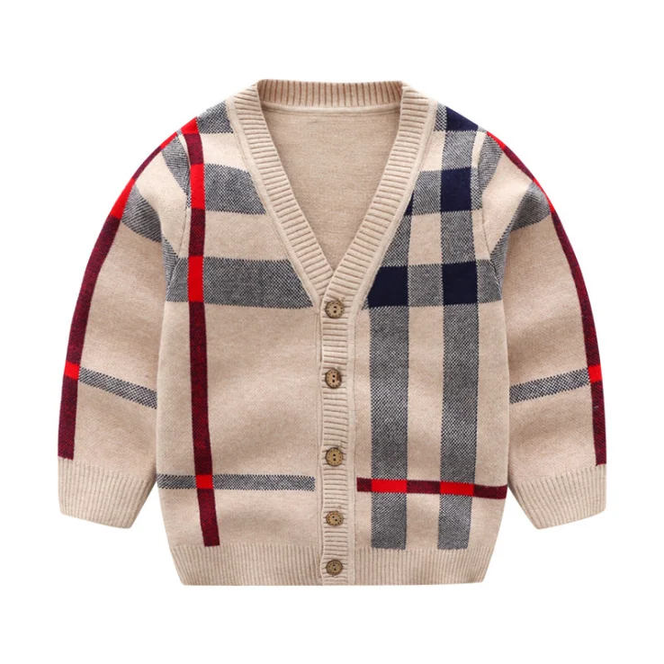 Новый дизайн; осенние вязаные свитера для мальчиков; кардиган; детский клетчатый свитер с v-образным вырезом и пуговицами