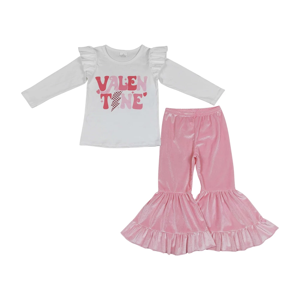 Valentines clothes white long sleeves flutter top pink bell bottom pant wholesale girls clothes outfit boutique low price no moq
