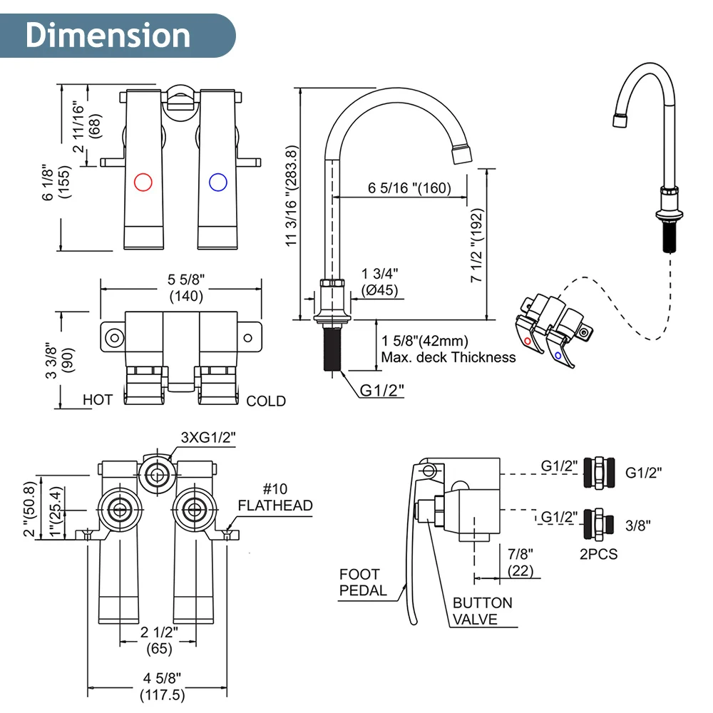 Hand Free Sink Faucet Double Channels Cast Knee Pedal Valve Dual Foot Pedal Sink Faucet