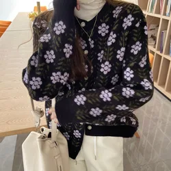 Woven Korean Version Rabbit fur Stylish Wool Long Sleeve Print Casual Women Sweaters Knit Cardigan