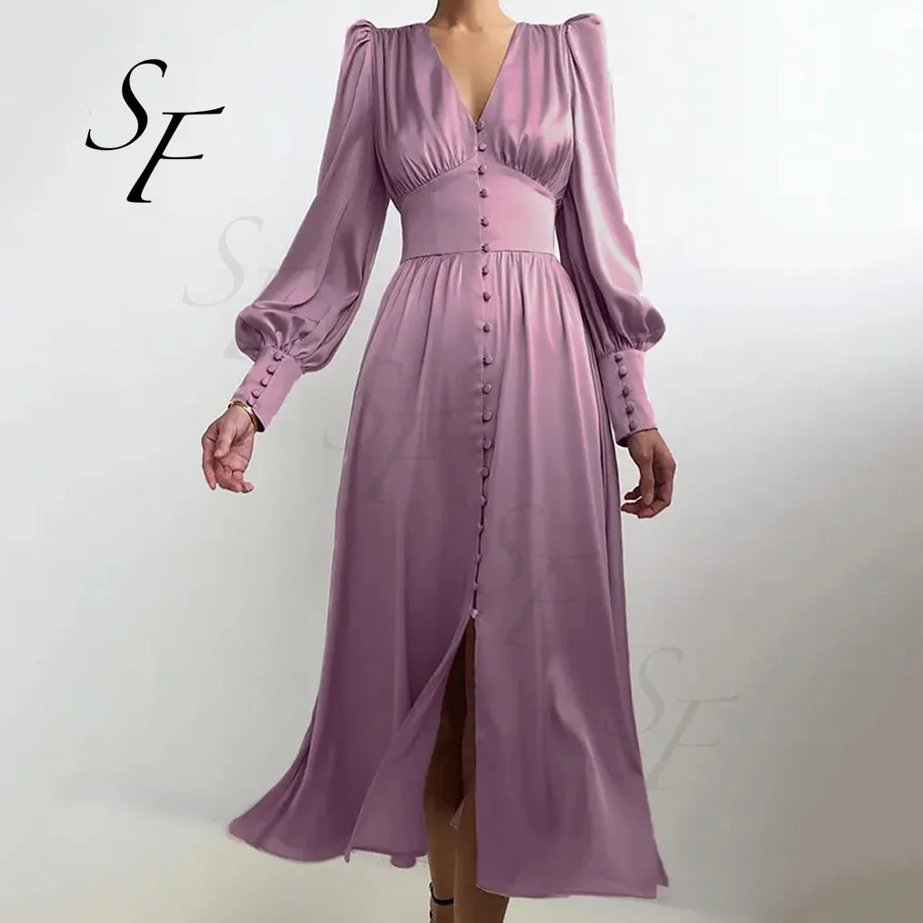 High Quality Ladies Fashion Modest Puff Long Sleeve V Neck Casual Satin Slim Sexy Elegant Evening Party Midi Dress for Women