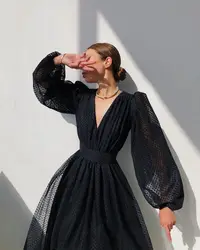 Long Dress Chiffon Summer Wholesale ladies autumn v-neck Midi dress puff sleeve polka dot flutter sleeve evening Spot dresses