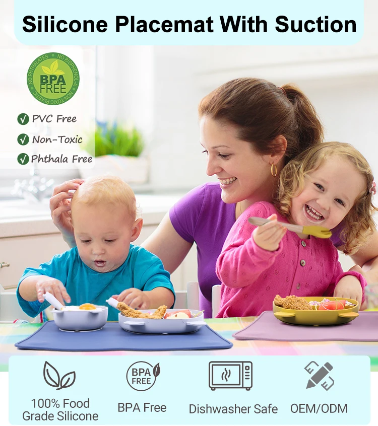 Custom Bpa Free Toddlers Food Feeding Placemat Set Restaurant Silicone Mat Baby Suction Silicon Mat For Baby Child Kids Dining