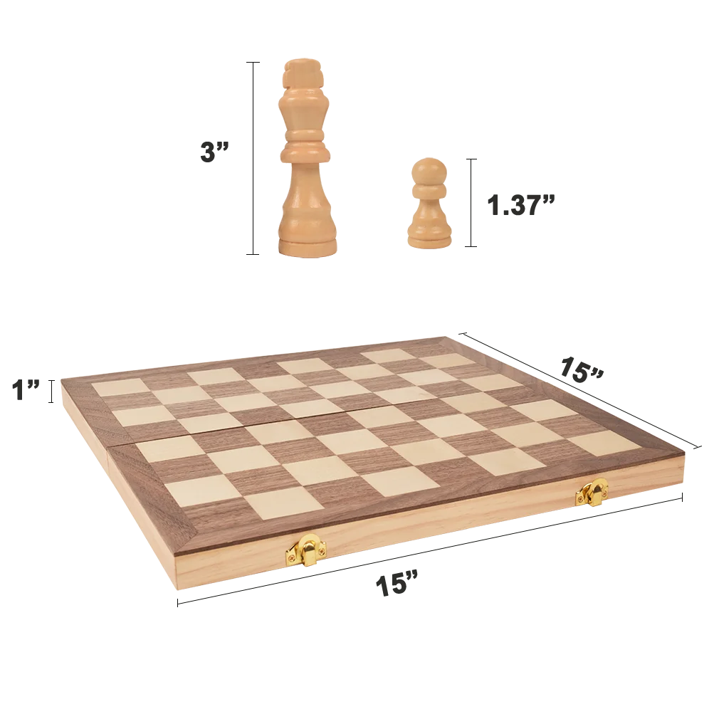 Folding Board with Pieces Storage for Travel Chess Game Portable 15-Inch Magnetic Wooden Classic Chess Set