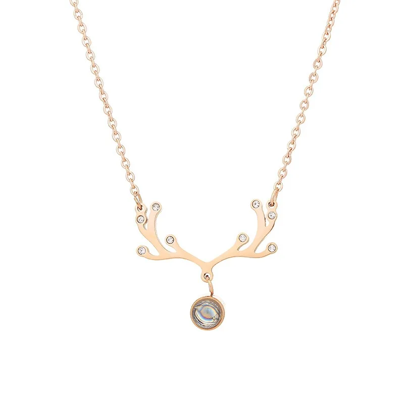 
2021 New One Deer I love You Titanium Steel Necklace Female Rose Gold Smart Deer Love Gift 100 Languages Jewelry 