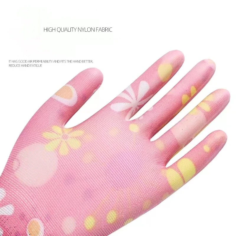 Nylon printed PU coated palm gloves Breathable wear-resistant anti-static protective gloves for women working thin 13 stitches