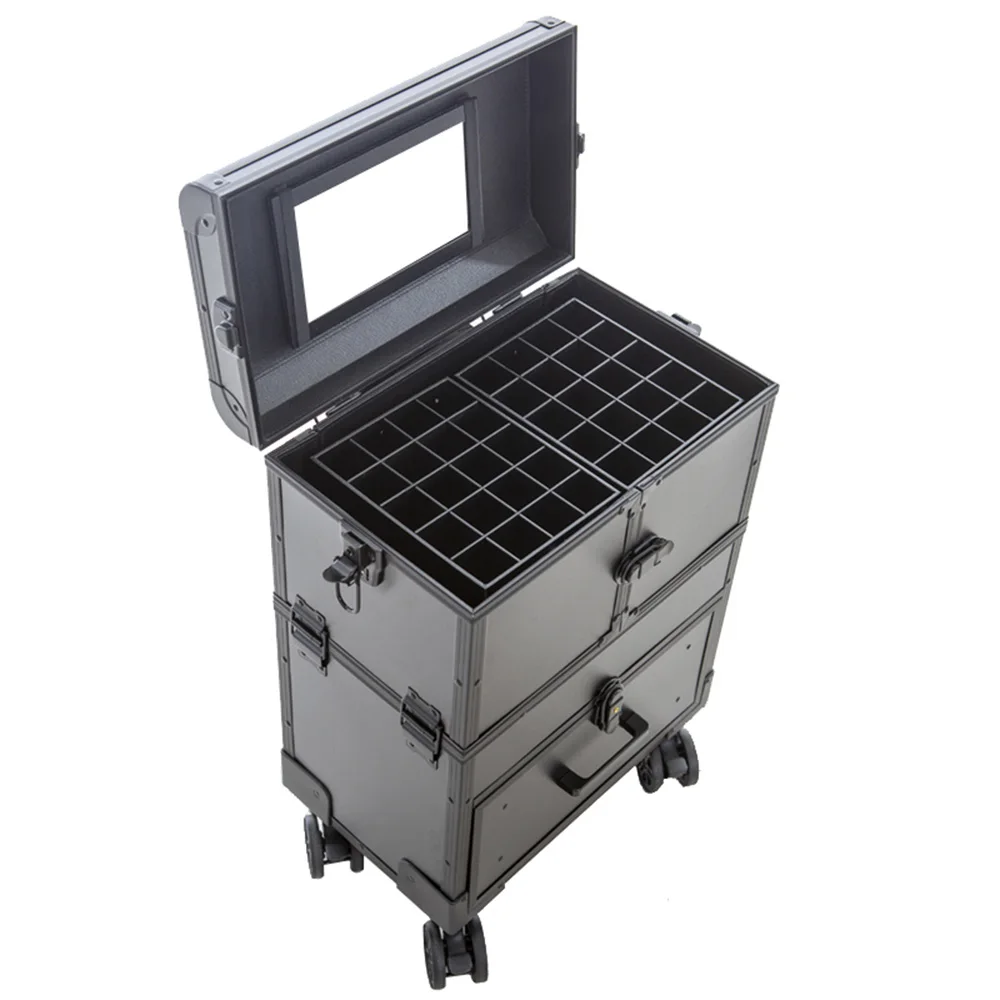 aluminum 4 wheel trolley mirror profession beauty TRAIN cosmetic storage case travel makeup organizer with mirror
