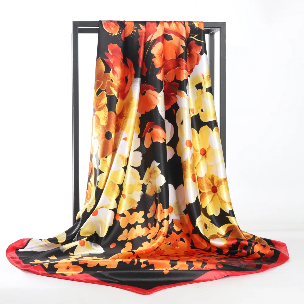 Professional Customized New 90cm Beautiful Peacock Screen Printing Long Silk Scarf for Women Plain Style For Spring Season Adult