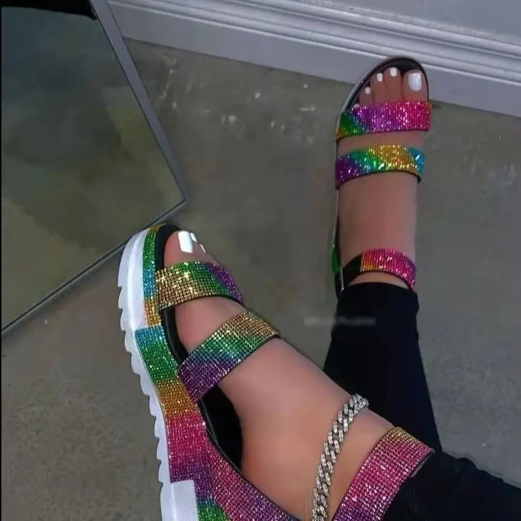  hot sale Summer rhinestone slides thick bottom sandals for women and ladies high heel slippers shoes with