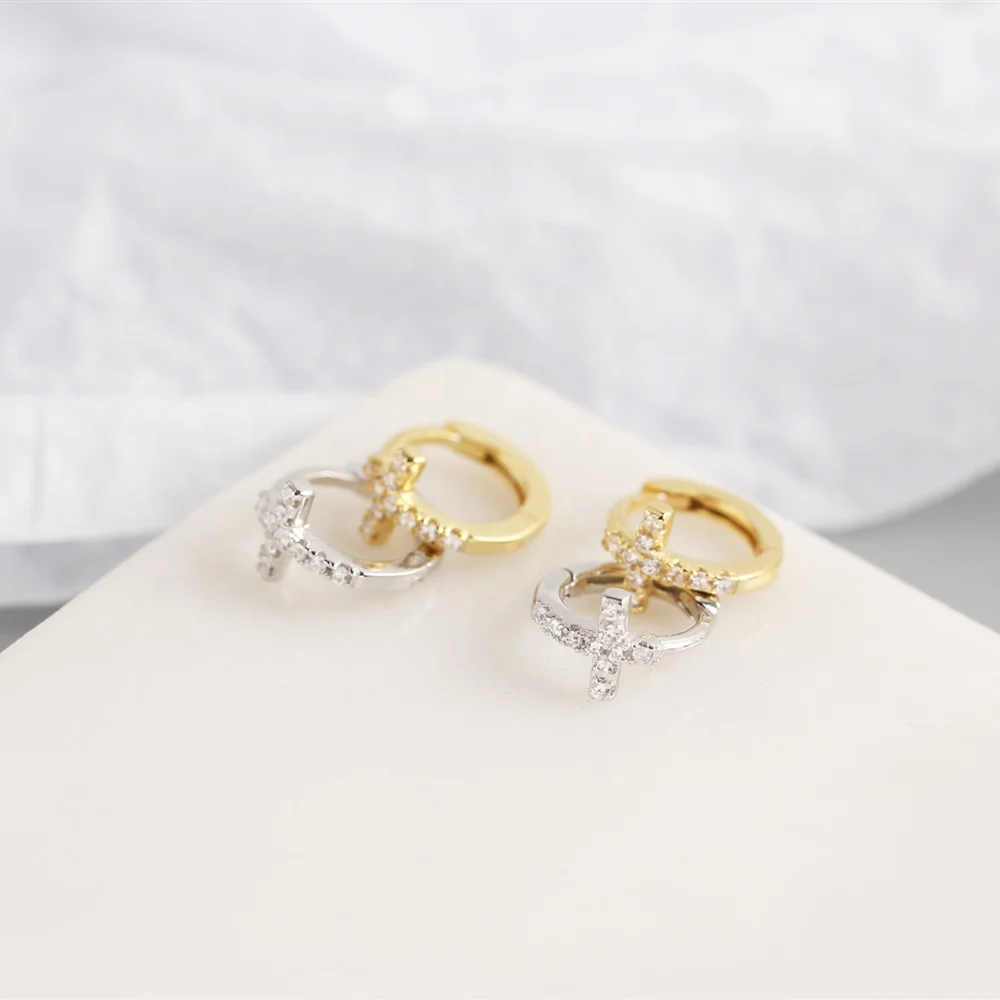 Zirconia Earrings Religious Cross Shaped Trendy Young People Hoop Earrings Diamond Set 925 Silver Gold Plated Earrings