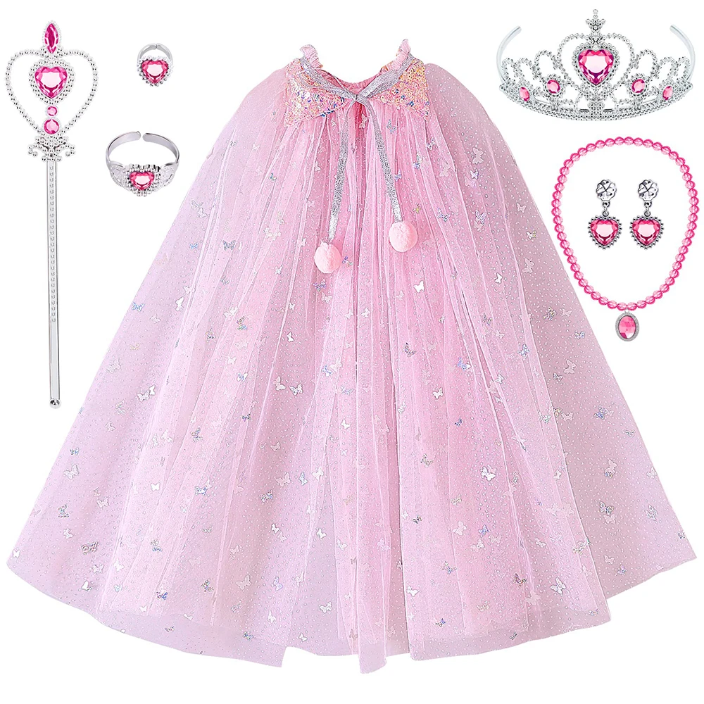 CM054 Wholesale Princess Fancy Dress Girls Sequin Cape Cloak Tiara Crown Magic Wand Necklace Earrings Bracelet Set