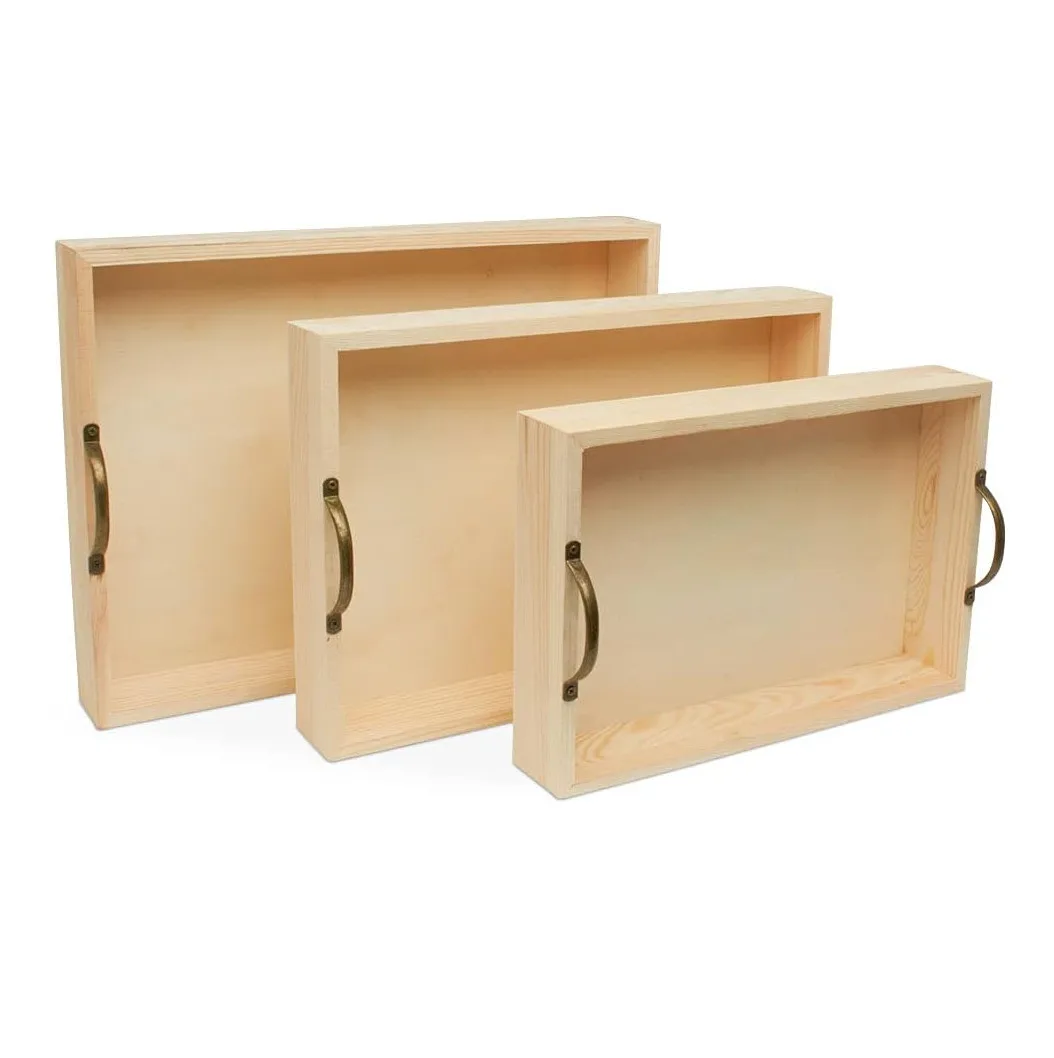 Set of 3 Customized Unfinished Multifunctional Exquisite Fashion Durable Wood Nesting Serving Trays with Handles