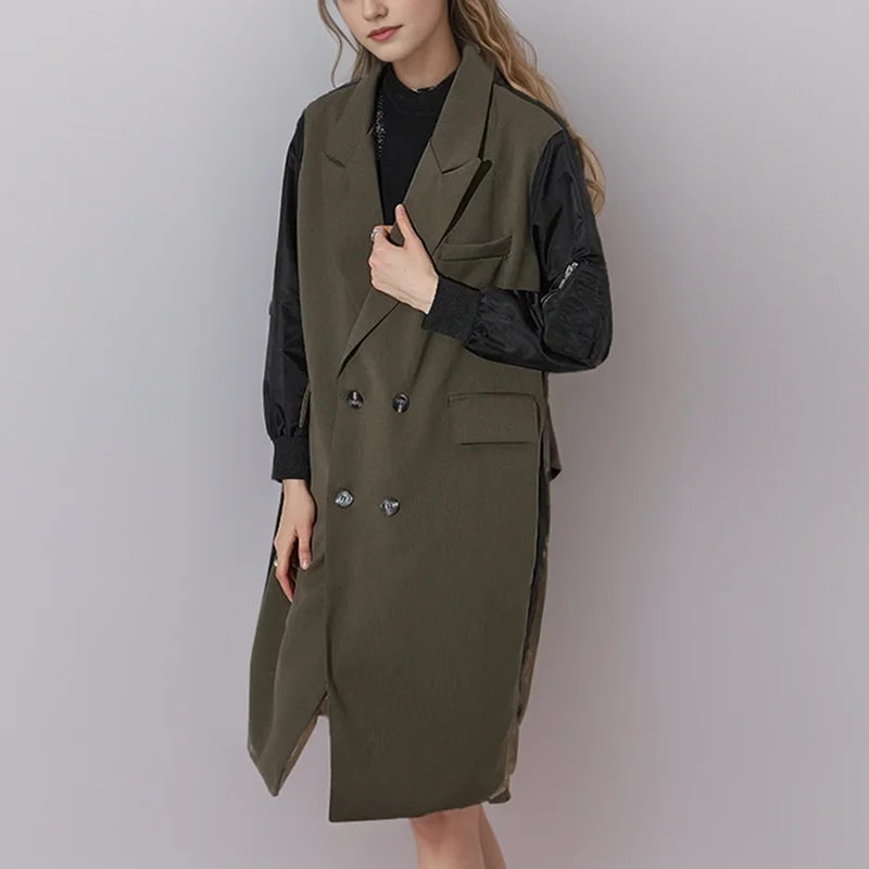 TWOTWINSTYLE Vintage Trench Coat Patchwork Hit Color Notched Collar Double Breasted Jacket For Women