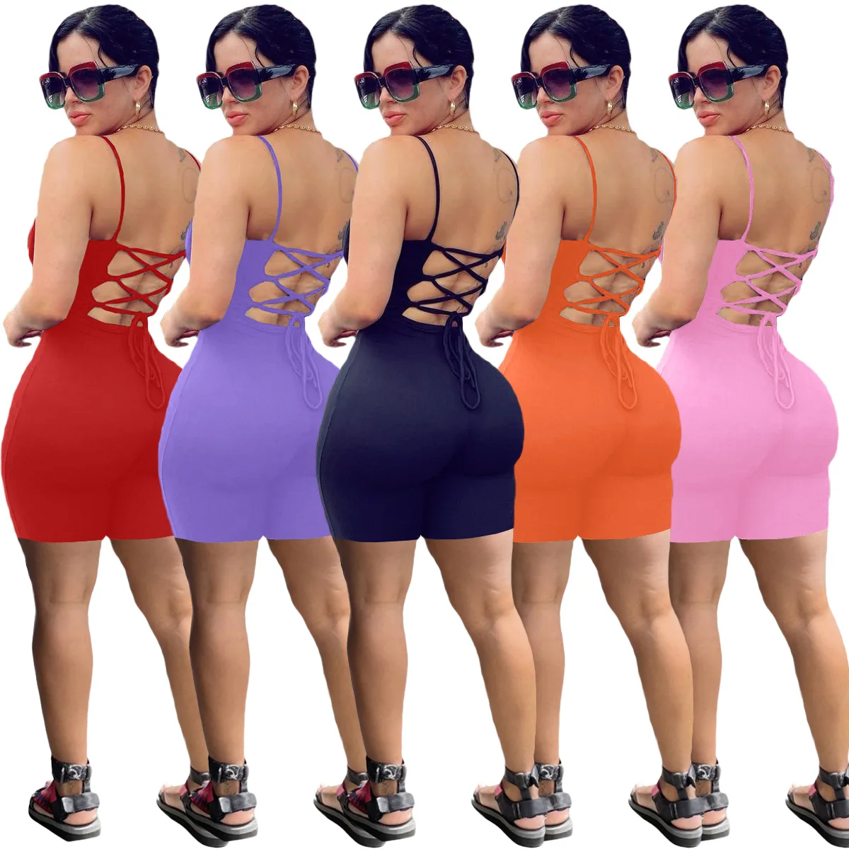 
drop shipping 2021 Rib Strappy Cami Crop Top And Booty Shorts Loungewear Set Solid CoSleeveless Skinny Women Jumpsuit Streetwear 