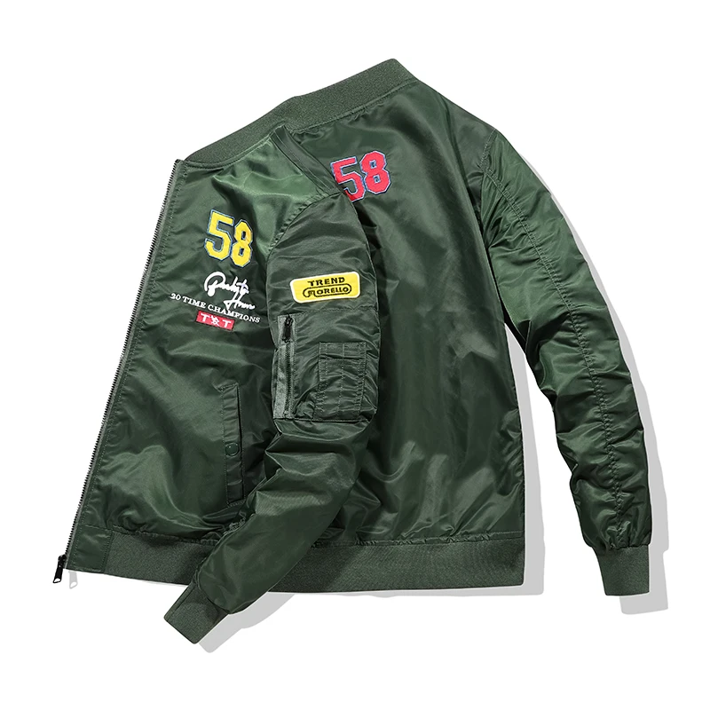 Stock Young Men Varsity Bomber Jacket Flight Aviator Pilot Jacket Quilted Embroidery Patches Outwear Coat for Spring Fall