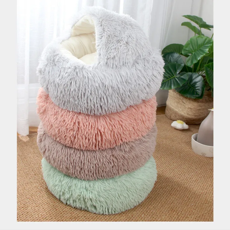 Semi-closed Long Plush Soft Pet Cat Dog Sleeping House Bed Mint Green Round Shape 60*15 cm Cat Plush Bed PB2021070905