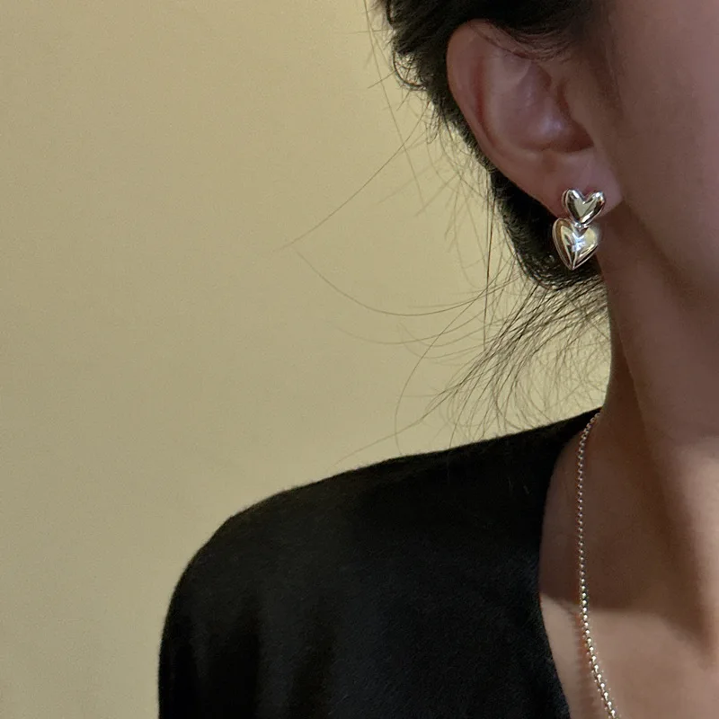 S925 Sterling Silver Korean Style Heart Earrings Heavy Industry Simple Love Studs