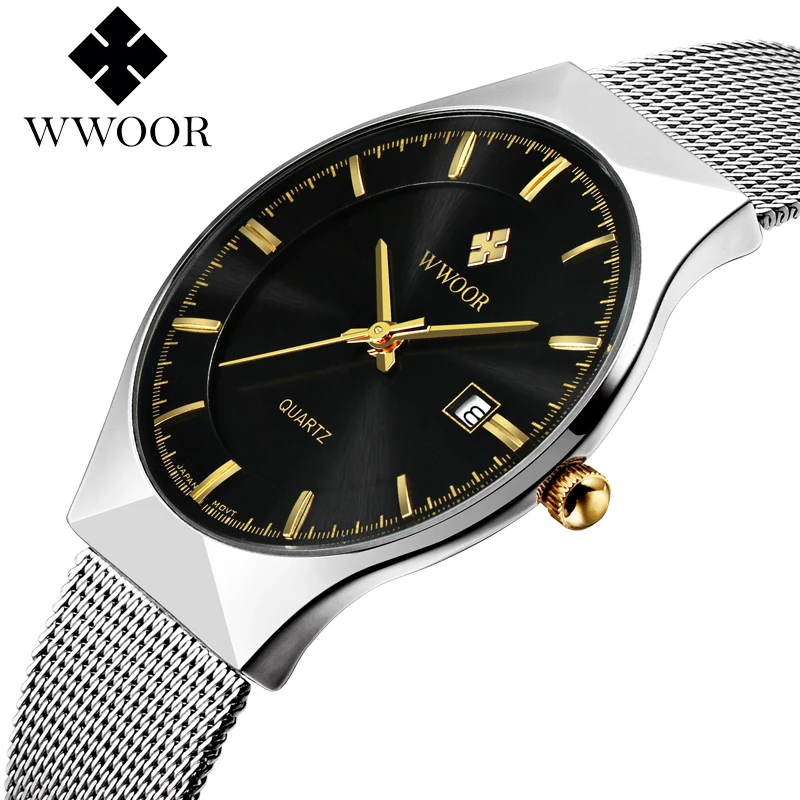 Factory Wholesale WWOOR 8016 Ultra-thin Simple Mens Quartz Watches Luxury Stainless Steel Mesh Band Calendar Sport Watch For Man