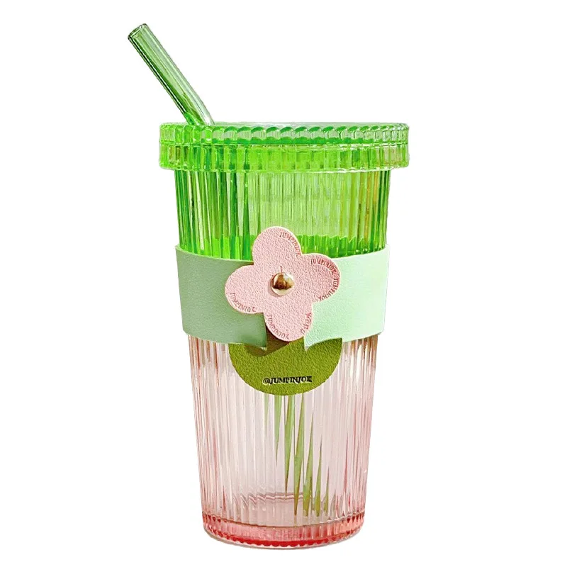 Glass Cup with Glass Straw and Glass Flower Decorated Colored Shining Drinking Striped Lid for Summer Best Selling 15 OZ CLASSIC