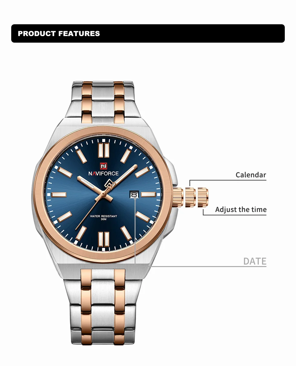 NAVIFORCE 9226 nf9226 Men Wristwatch Top Brand Rose Gold and Blue Face Male Watches Stainless Sport Luminous Date Clock Reloj