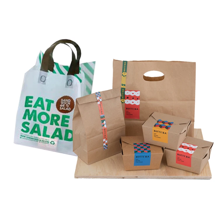 Custom print with logos recycled biodegradable packaging restaurant carry food takeaway clear pe plastic bag flexiloop handle