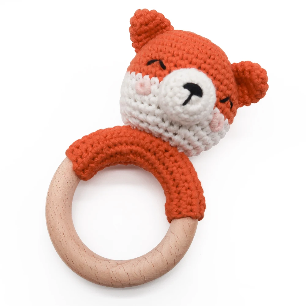New Design Animals Cute Super Soft Knitted Rabbit Panda Reindeer baby wooden rattle teether baby crochet toys