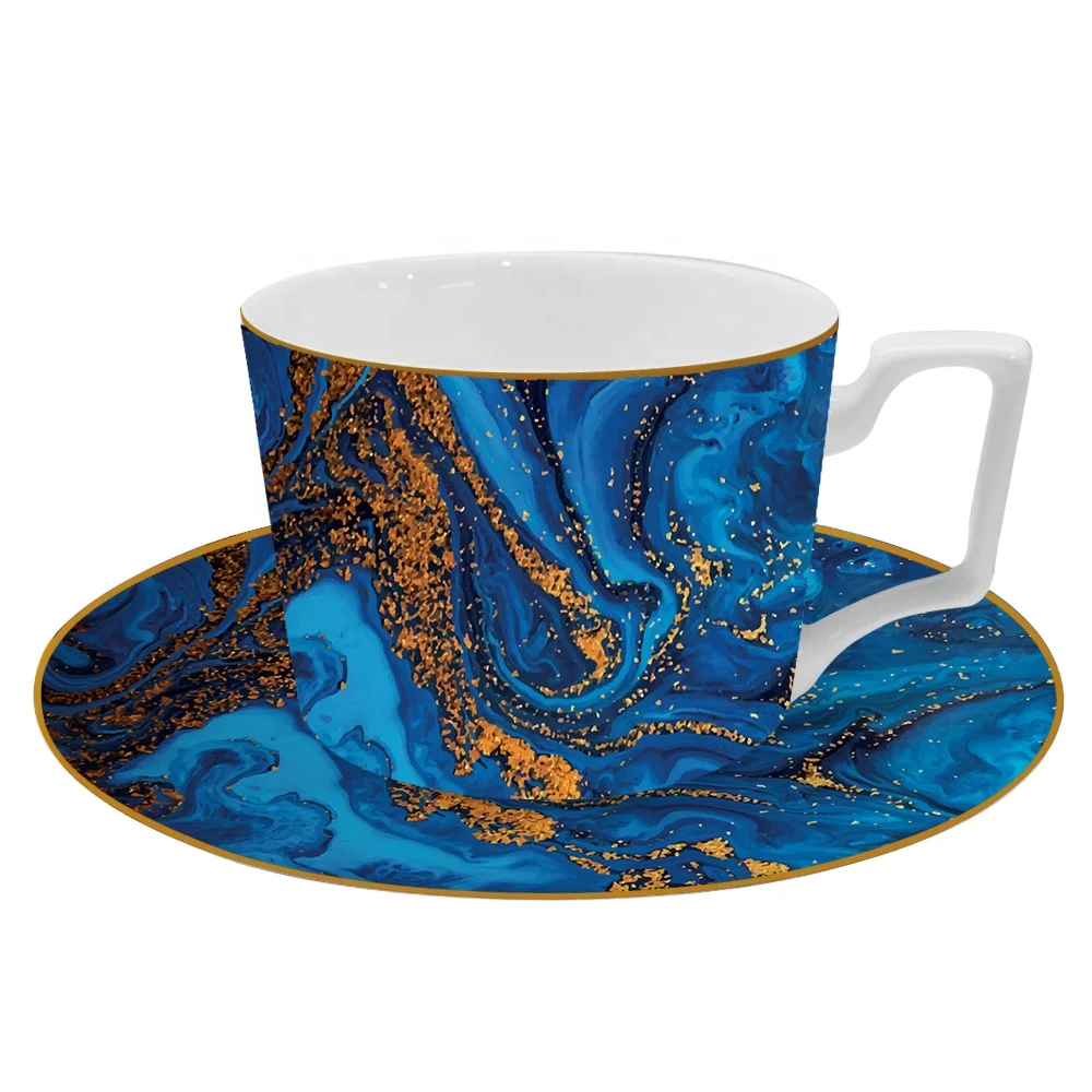 Wholesale new design fine bone china dinnerware sets, 10.5 inch blue marble ceramic dinner plates with gold rim