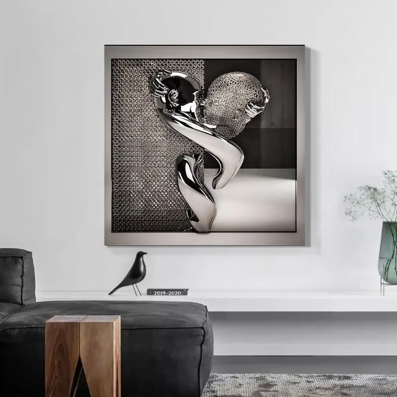 Modern human body wall 3D hug couple painting silver gold effect art love design metal figure statue geometric abstraction