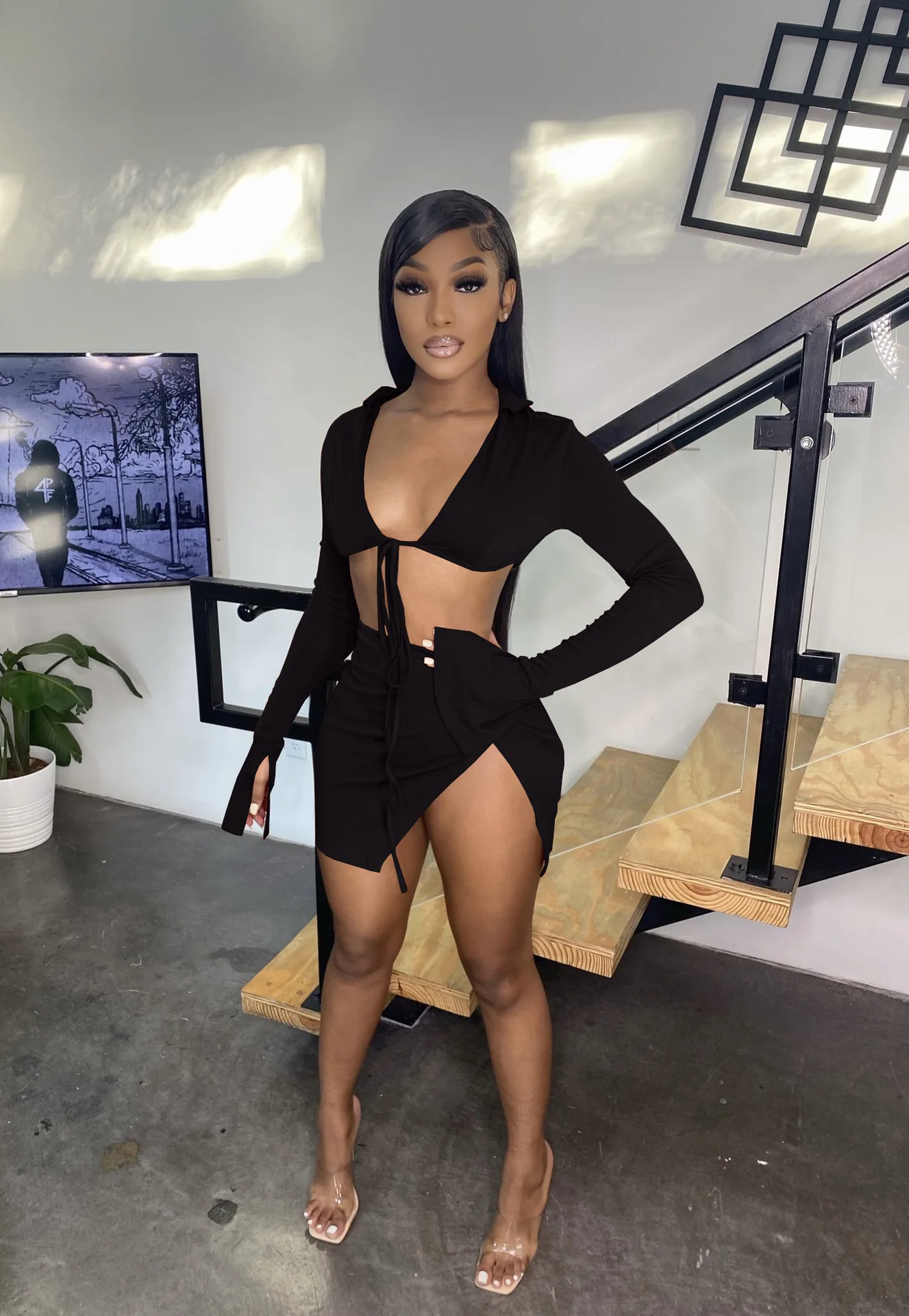 2022 summer new fashion solid color long sleeve cropped top sexy short skirt and shirt set women two piece skirt set