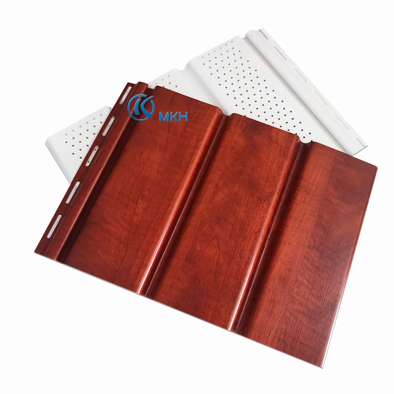 Custom 12inch Waterproof Exterior Air Ventilation Wooden Film Laminated PVC Vinyl Plain Soffit Ceiling Panel Board For Roof Eave