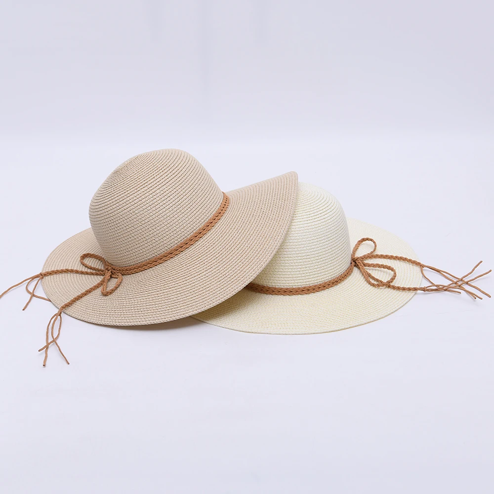 Elegant Floppy Bowknot Travel Cap Sunscreen Large Brim Paper Straw Beach Hat Custom Logo Wholesale Women Foldable Straw Sun Hat