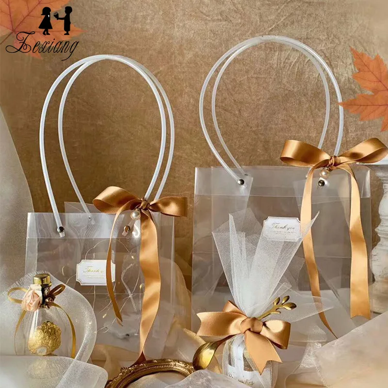 Customized Logo Shopping Gift Square Bottom Plastic Bags Handle Transparent PVC Plastic Bag