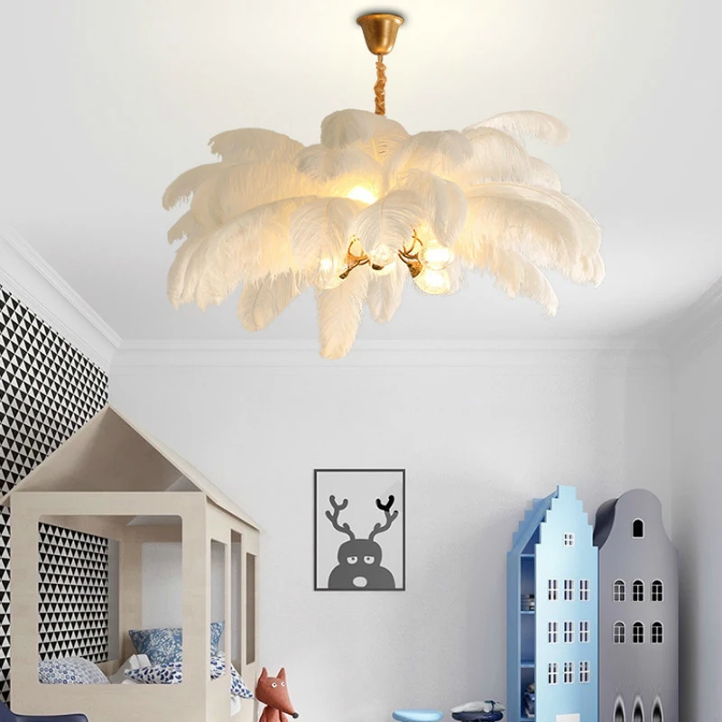 Fashionable All Copper Ostrich Feather Lamp Hanging Light Chandelier Real Feather LED Lamp with G9 Bulb for Bedroom Decoration