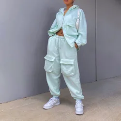 Winter Fashionable Causal Two Piece Clothing Suit for Ladies custom logo zipper Oversize Hoodie and Cargo pant jogger Women Sets