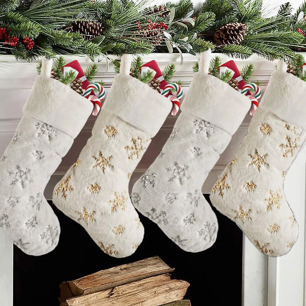 Large size sublimated white plush embroidered snowflake Christmas stocking custom made