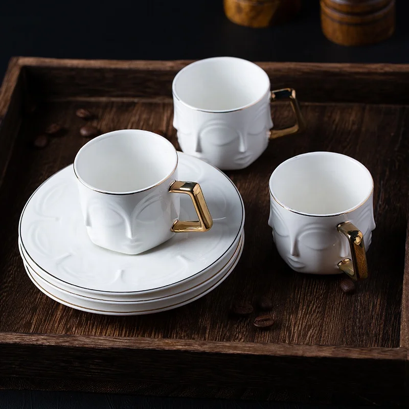 Nordic creative art three-dimensional face gold handle bone china coffee cup and saucer six-piece set