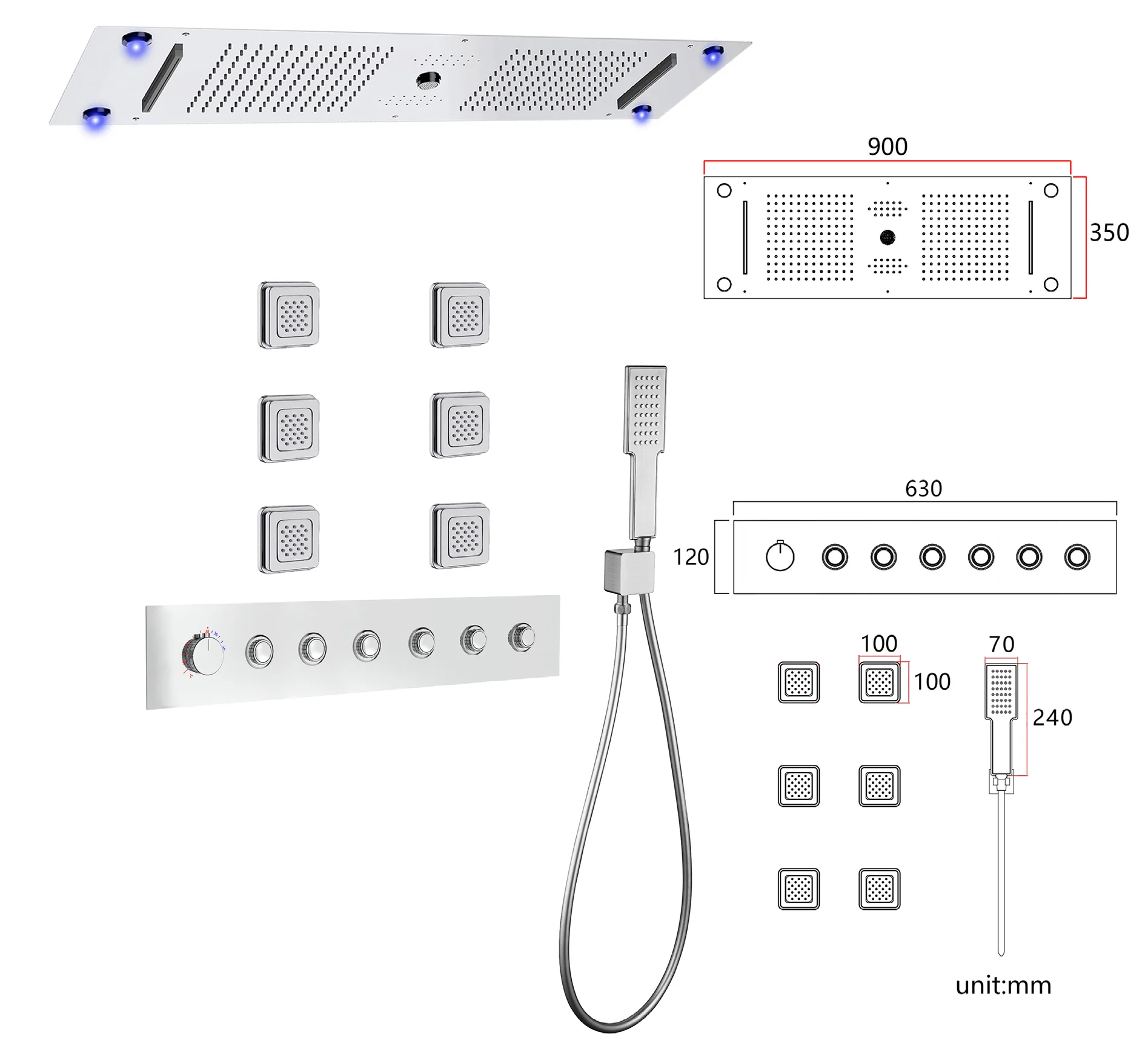 Ceiling Rain LED Shower System Fixture 900*350mm LED Rain Shower Head Bathroom Thermostatic Brushed Silver Shower Faucet Set