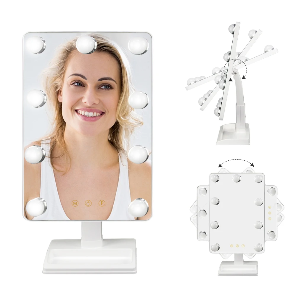 LM01 Touch Screen Large LED Vanity Makeup Mirror Cosmetic Vanity Light Up Make Up Table Mirror 9 LED Bulbs Hollywood Mirror