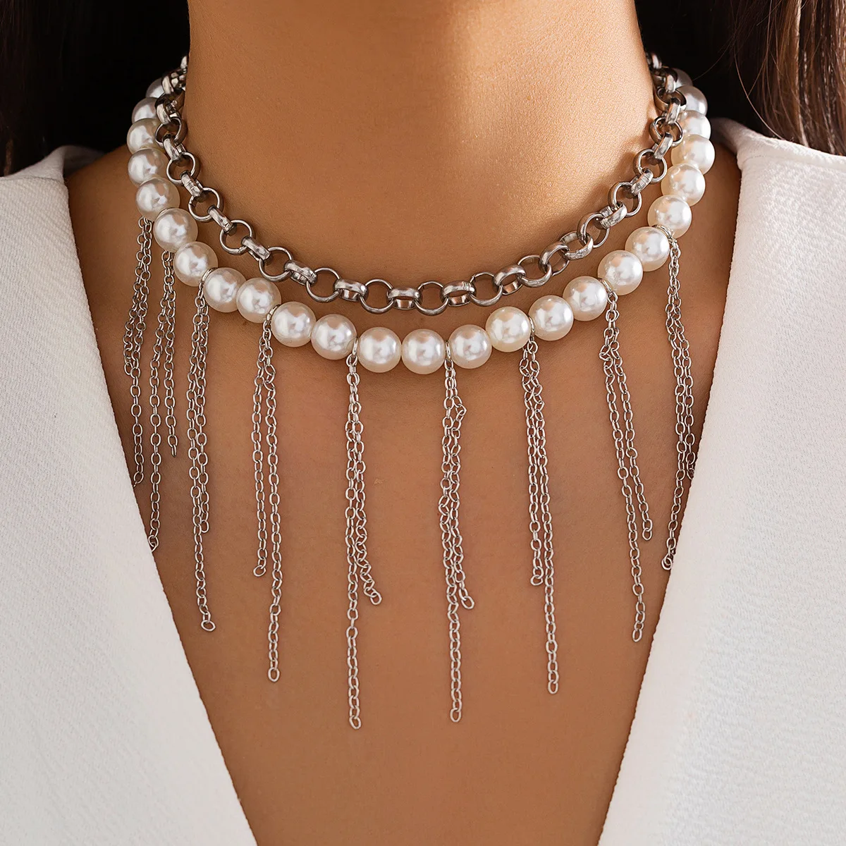 Kinling OEM Design Luxury Simple Fashion Pearl Jewelry Tassel Chain Layered Necklace For Women