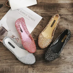 2022 summer latest women jelly shoes ladies PVC plastic bling pink gold wholesale shoes lady transparent jelly sandals