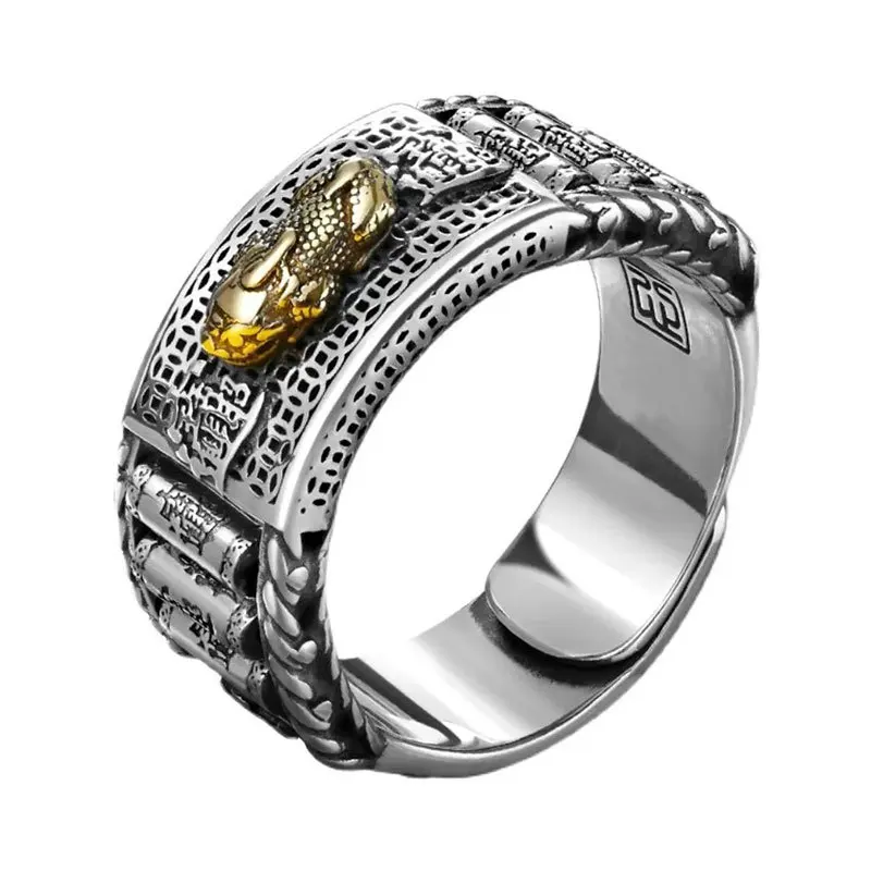 18k Gold Plated Happiness Amulet Buddhist Good Lucky Black Stone Feng Shui Black Obsidian Pixiu Wealth Ring For Men