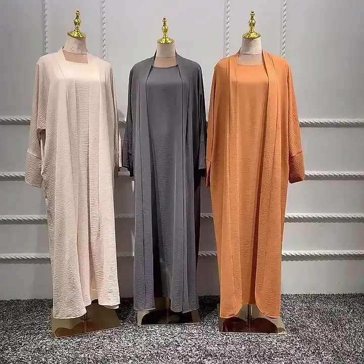 2022 Latest Design Turkey Dubai Solid Color Two Piece Set Abaya Women Big Size Kaftan Casual Muslim Dress Long Sleeve Open Abaya